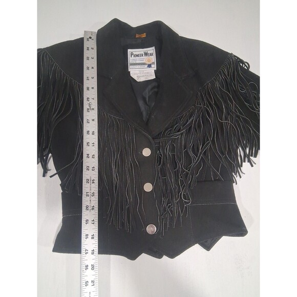 VTG Pioneer Wear Suede Leather Black FRINGE Cropped Jacket Western USA 10 S/M - Picture 5 of 6